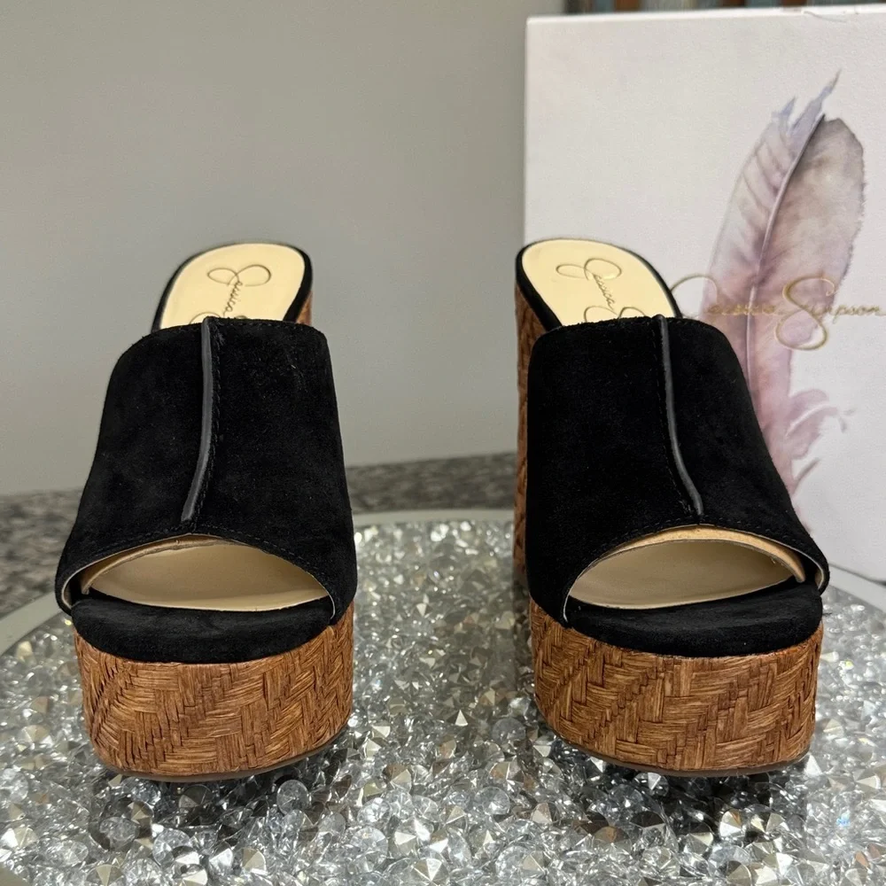 Jessica Simpson Black Suede Platform Mule Heels with Woven Brown Platform